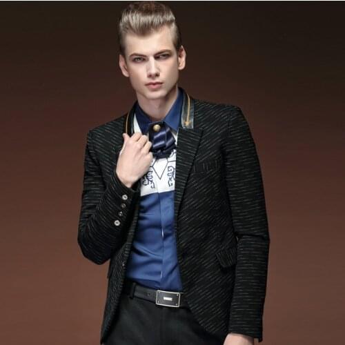Free Shipping mens 2016 New autumn spring man suit black long sleeved striped suits buckle fashion Metrosexual 15101 on sale
