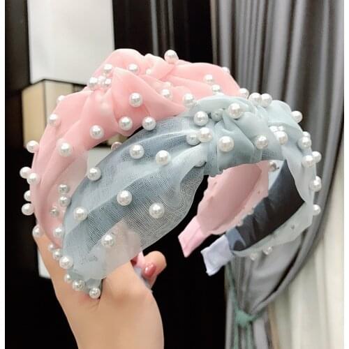 New Elegant Women Hairbands Pearls Cute Headband Soft Solid Turban Fresh Lace Knot Style High Quality Handmade Hair Accessories