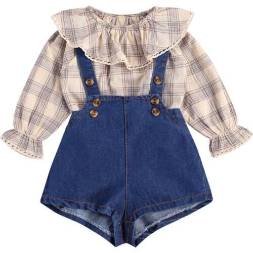 Newborn Baby Girls Clothes Sets Floral Plaid Ruffles Round Collar Long Sleeve Tops Blouse Denim Overalls Suspender Shorts 2PCS