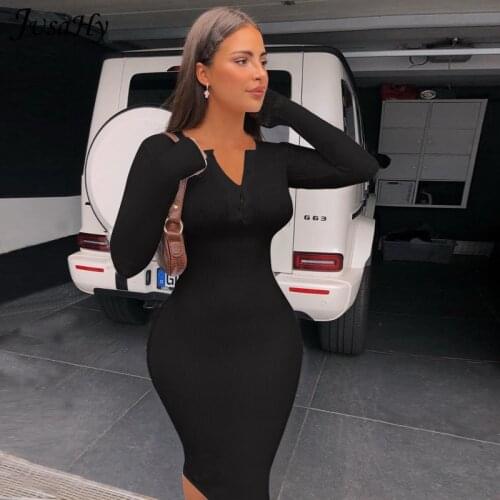 JuSaHy Autumn Knitted Solid Long Sleeves Midi Dress for Women Fashion Button Bodycon Slim Casual Streetwear Female Vestidos New