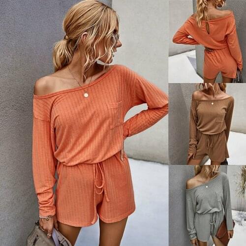 Autumn Womens Knitting Jumpsuit Long Sleeves Slash Neck Solid Color Loose Pullover Tops Casual Short Pants Drawstring Fashion