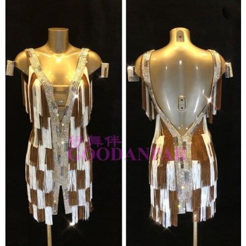 Latin dress Fringe Latin dance dress competition Latin dance costume good stone Rumba dress Brown and white color GOODANPAR
