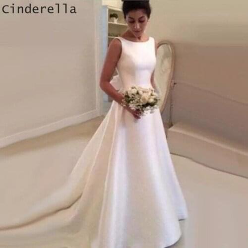 Cinderella Scoop Sleeveless A-Line Court Train Backless Satin Wedding Dresses Hand Made Open Back Ivory Bridal Dresses