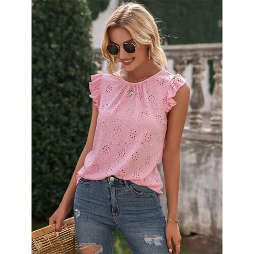 Pink Slim Femme Blusas 2021 Summer New Ladies Flower Hollow Baby Shirt Round Neck Flying Sleeve Shirt Top Women