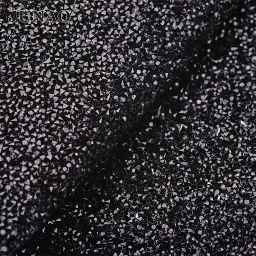 JUNAO 24*40cm Self Adhesive Black Rhinestone Mesh Fabric Resin Crystal Trim Ribbon Strass Applique Banding for Decoration
