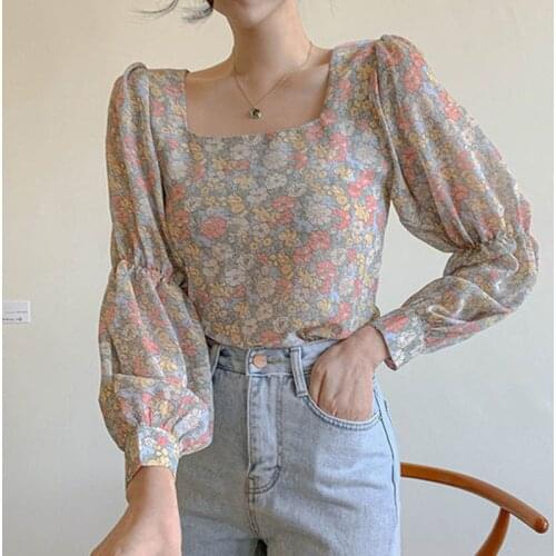 Shirt Women 2020 Floral Slimming Square Collar Loose Lantern Sleeve Spliced Chiffon Harajuku Korean Fashion Women Clothing 0663