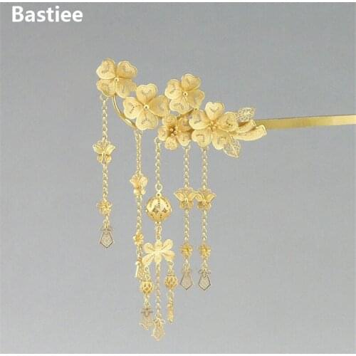 Bastiee Flower Dangle 999 Sterling Silver Hair Stick For Women Golden Plated Tassel Hair Pin Hmong Luxury Jewelry