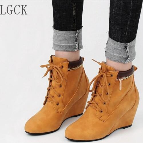 Plus Size 34-48 New Ankle Boots for Women Shoes Winter Boots Short Plush Fashion Zip Lace-Up Wedges Thick Heel Short Boot Female
