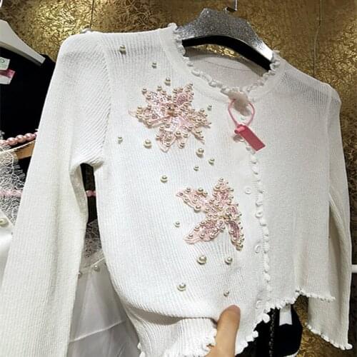 Shiny heavy-duty three-dimensional flower cardigan women v-neck pearl beading top outwear