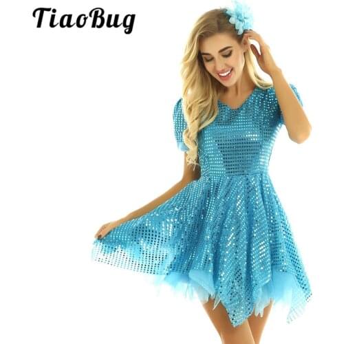 TiaoBug Women Shiny Sequins Asymmetrical Mesh Tulle Dress with Flower Hairclip Set Stage Performance Modern Jazz Dance Costume