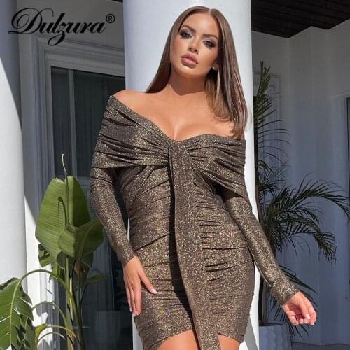 Dulzura Bling Glitter Women Long Sleeve Off Shoulder Ruched Mini Dress Patchwork Bodycon Party Elegant 2021 Autumn Winter Club