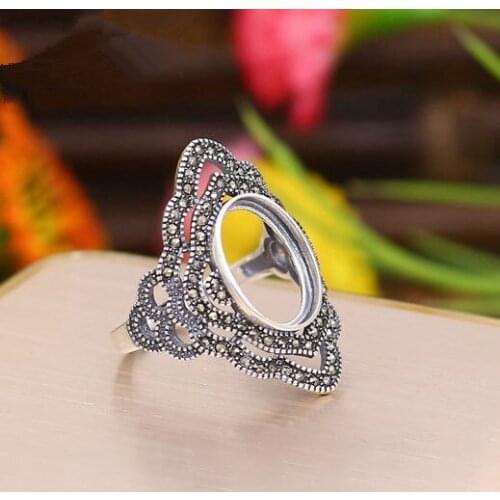 925 Sterling Silver Art Nouveau 10x14mm Oval Cabochon Semi Mount Women Ring Fine Jewelry Setting Vintage