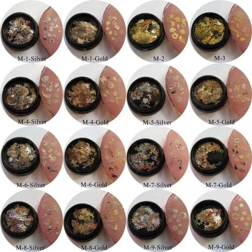 1Jar Nail Art Mix Different Metal Stickers in Jars zodiac Snowflake Christmas Halloween Series Cartoon M1-M9