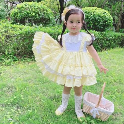 Summer Vintage Princess Spanish Lolita Cute Yellow Ball Gown Bow Short Sleeves For Bady Girls Birthday Party Turkey Dress 0-6Y