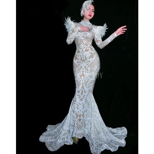 Shining Silver Rhinestone Long Train Dress Women Evening Costume Prom Celebrate Big Tail Dresses Women Party Wear Dress