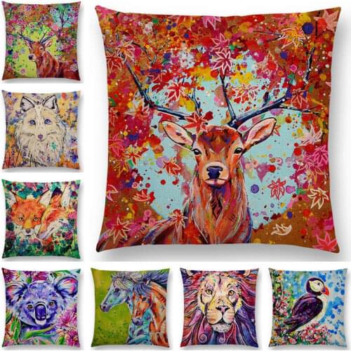 Oil Painting Animals ELK Cushion Cover Deer Lion Dogs Fox Bird Horse Sofa Throw Pillow Case