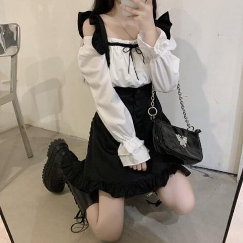 COOLFEL Summer Black Gothic Dress Two-Piece High Waist Strap Suit Japanese Costume Party Dress For Women