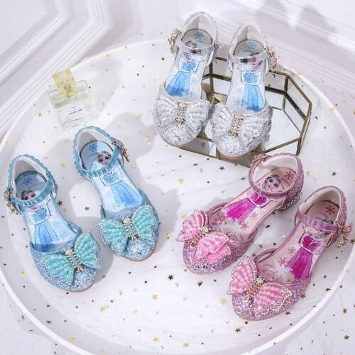 Disney Elsa Pring Spring Childrens Kids Girls Princess Leather Shoes Sandals Wedding Shoes High Heels Bowtie Dress Shoe