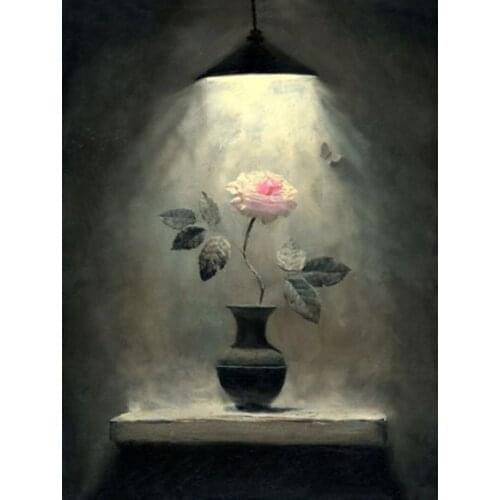 Beautiful Flower Canvas Oil Painting for Wall Decor Antonov Rose Flowers in Pottery Vase Under the Lamp Handpainted Vertical