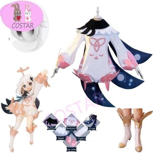 Game Genshin Impact Paimon Cosplay Costume Full Set Lolita Jumpsuits Adult Women One-Piece Uniform Party Halloween Wig Shoes