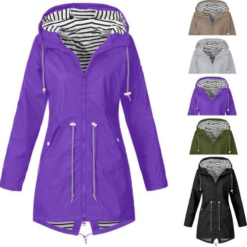 Women Solid Rain Jacket Outdoor Plus Size Waterproof Hooded Windproof Loose Coat Comfy High Quality Fashion Coat Free Shipping