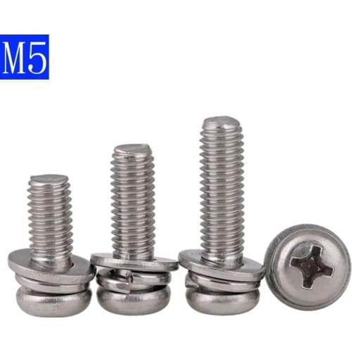 M5 - 0.8 5mm 304 Stainless Stell Cross Recessed Pan Head Screw, Spring Lock Washer and Plain Washer Assemblies Phillips