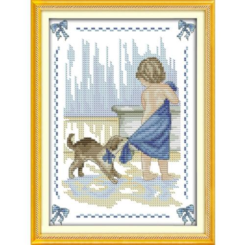 Bathe cross stitch kit little boy and dog kids 14ct 11ct count print canvas stitches embroidery DIY handmade needlework plus