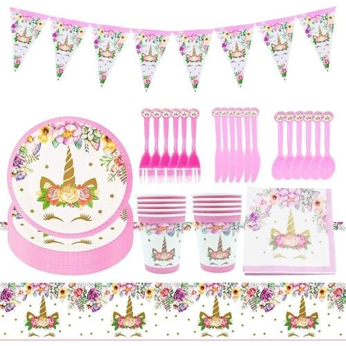 Unicorn Party Tableware Set Birthday Dinnerware Decoration Tablecloths Napkins Plates Cups Forks Spoons Knives Baby Shower Girls
