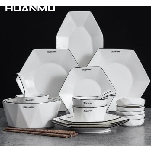 Bone China Tableware Suit Plate Set European Simple Style Creative Hexagon Combination Chopsticks Spoon Bowl Dishes Dinnerware