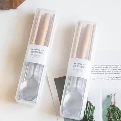Stainless Steel Chopsticks Spoon Cutlery Set Portable Tableware With Wood Handle Travel Dinnerware with Plastic Storage Case