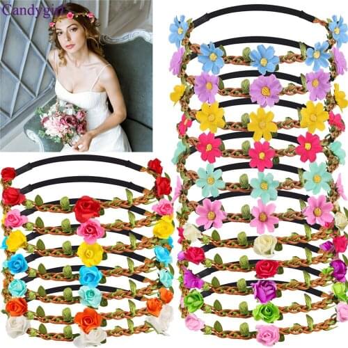 New Women Bride Rose Flowers Headband Colorful Floral Bohemian Flower Crown Hairbands Elastic Beach Princess Hair Accessories