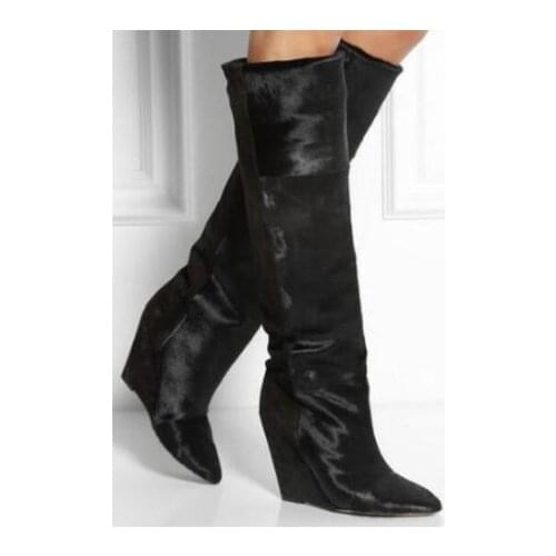 Autumn Winter Black Leather Wedge Hidden Heel Botines Mujer Long Slim Overknee Boots Pointed Toe platform Luxury Shoes Woman