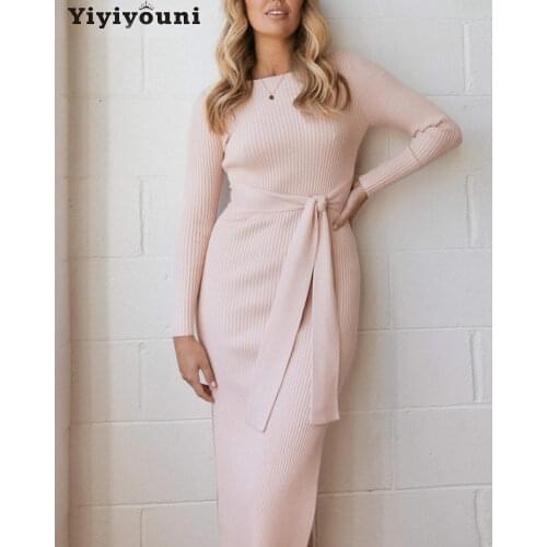 Yiyiyouni Autumn Winter Sheath Knitting Sweater Dress Women Elegant Split Belted Dresses Female Long Pullover Pink Party Dress