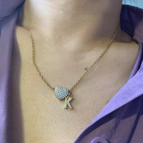 Simple Cutom Micro Pave CZ Heart Letter Pendant Necklace Trendy Zircon ABC Alphabet Name Charm Steel Chain Choker Jewelry