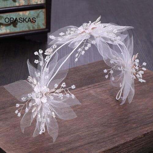 Queen Fairy Handmade Headband Earrings Set Silver Beaded Yarn Flower Feather Lace Hairband Sweet Wedding Dress Accessory VL