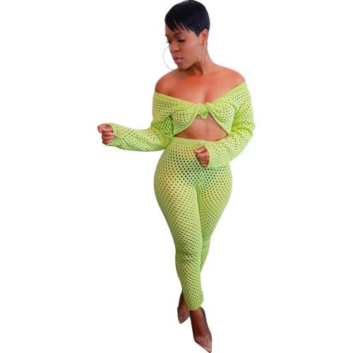Sexy Knitted Mesh 2 Piece Set Women 2021 See Through O Neck Long Sleeve Crop Top + Pencil Pants Clubwear Two Piece Set Outfits