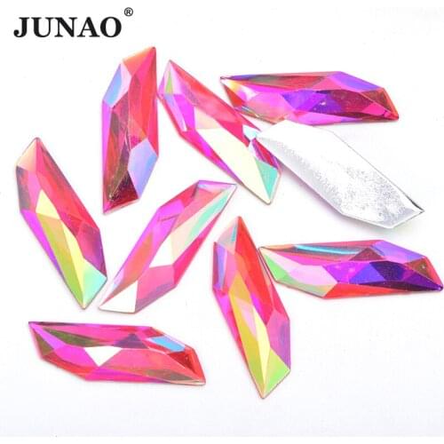 JUNAO 10pcs 15x47mm Rose AB Color Large Rectangle Rhinestone Flat Back Resin Gems Non Sewn Strass Crystal Stone for Decoration