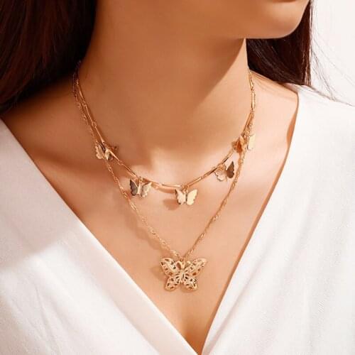 Vintage Jewelry Multiple Layered Butterfly Chain Pendant Necklace For Women Bohemia Style Butterfly Charm Necklaces Gold Collier