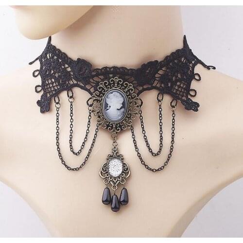Vintage Victoria Women Head Charm and Chain Drops Black Lace Collar Choker Necklace Fashion Accessory