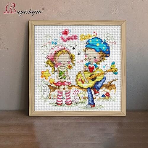 RUYISHIJIA Embroidery,Paintings,Needlework,Cross stitch kits,Boy and girl sing guitar,DIY Cross-stitch,thread embroidery