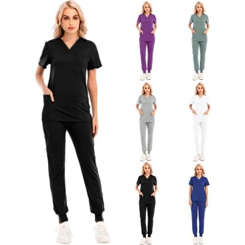 Womens Medical Clothes Short Sleeve V-neck Tops+Pants Nursing Working Uniform With Pocket Set 2021 uniformes clinicos mujer
