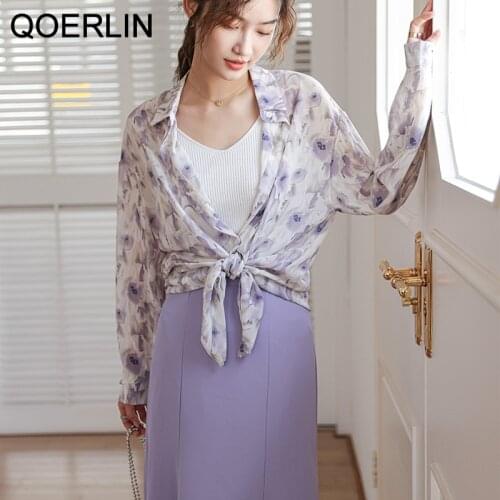 QOERLIN Bohemian Shirt Women Summer Long Sleeve Printed Thin Top Shirt Retro Pink Smudge Printed Shirt Korean Loose Shirt Ladies