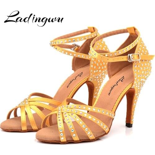 Ladingwu Classic Rhinestone Latin Dance Shoes Champagne Yellow Stain Salsa Ladies Dance Shoes Indoor Ballroom Soft Bottom Shoes