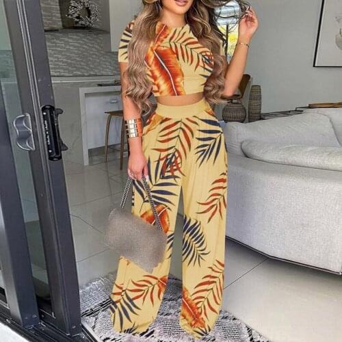 Women Two Piece Set Maple Leaf Print O Neck Short Sleeve Shirt Pullover + Wide Leg Pants Suit Spring Summer
