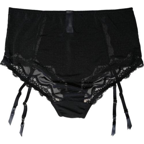 Plus Size Black Lace Polka dot Bowknot Metal Clips Sexy Garter Belts with Brief for Stockings Womens Suspender Belt Gift GA1197