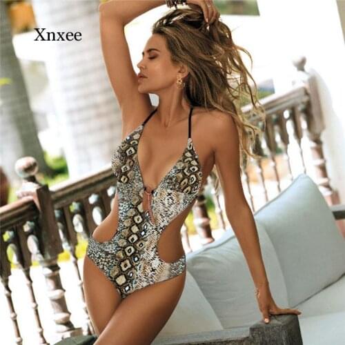 Halter Print Hollow Ring Sexy Women One Piece Swimsuit Female Push Up Swimwear Strappy Plus Size Beach Bathing Suit Bikini