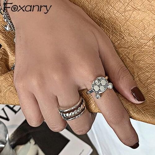 Foxanry Minimalist 925 Sterling Silver Punk Rings for Women Fashion Vintage Handmade Thai Silver Party Jewelry Gifts Wholesale