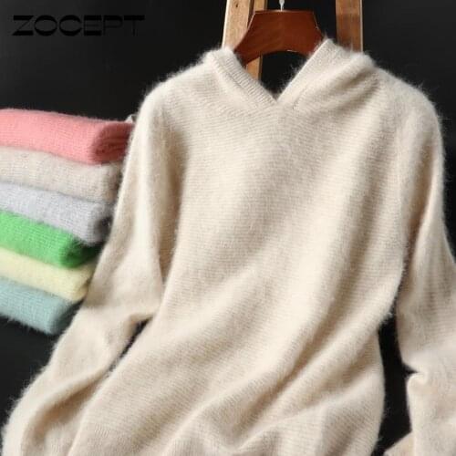 Zocept 2021 Autumn Winter 100% Mink Cashmere Hooded Sweater Women Knitted Warm Loose Jumper Ladys Grade Up Soft Pullovers Tops