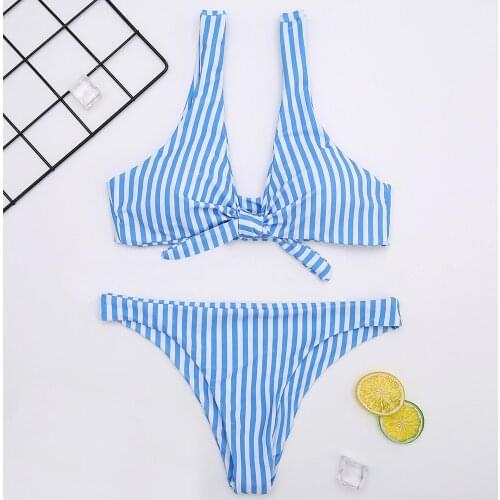2018 High Waist Sexy Bikini Set Striped Print Bathing Suits two piece Swimsuit hanging Shoulder bandaged Women Push up Swimwear