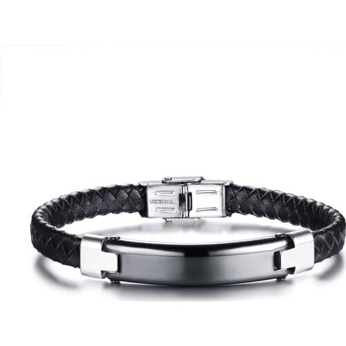 2021 Trendy Leather Stainless Steel Curved Brand Back And Simple And Fashion Style Can Be Engraved For Mens Bracelet
